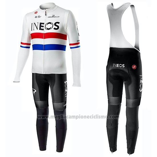 2019 Abbigliamento Ciclismo Ineos Campione UK Bianco Manica Lunga e Salopette